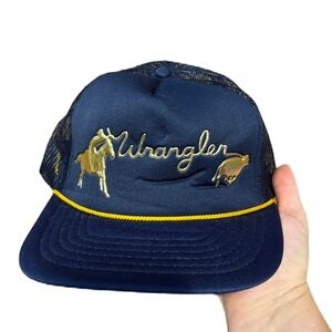 Vintage Wrangler Navy Gold Mesh Trucker Hat SnapBack Mesh Western Horse